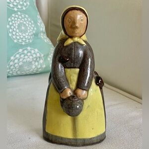 VTG  Woman Terracotta Figurine Holding Pot Broom Cat On Little Saint Folk Art 6”